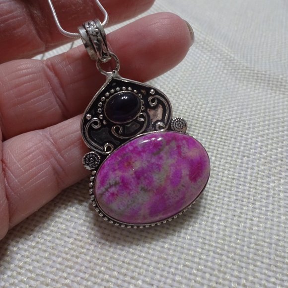 Beautiful "DENDRITE OPAL & AMETHYST" Handmade Sterling Pendant/Chain #532B - Picture 3 of 3